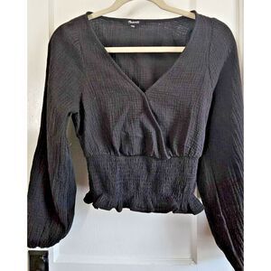 Madewell Lightspun Julianne 100% cotton faux wrap Smocked black top Sz XXS‎